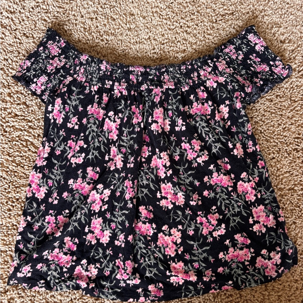 Girls Black Off-Shoulder Floral Tee with Pink Blossoms